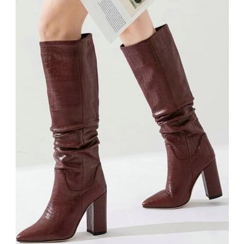 Women Shoes Crack Pattern PU Knee High Boots Ladies Boots Square Super High Heel Boots Fashion Pleated Pointed Toe Winter Boot