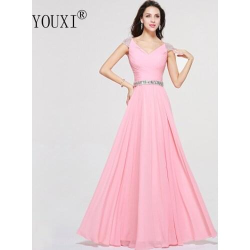 Sexy V-Neck Long Prom Dresses 2019 Pink Chiffon Beaded Crystal Formal Party Gowns Lace Up Back