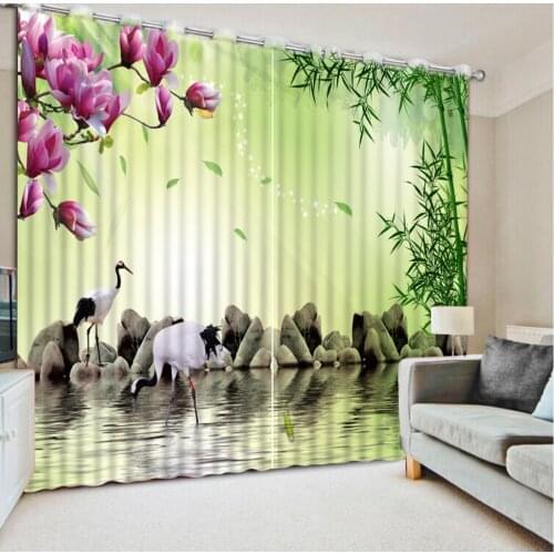 Home Bedroom Decoration Custom Curtain 3D Curtains Bamboo Pink Flower Stone Bird Blackout Shade Window Curtains