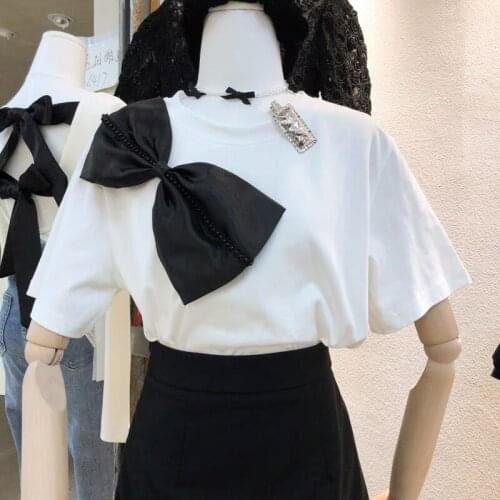 Preppy Style Womens Vintage Bow Beading Black White T-Shirt Korean O-Neck Short Sleeve Loose Tees Summer Sweet Solid Cotton Tops