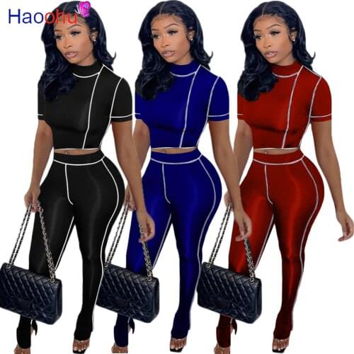 HAOOHU Women Sets Solid Short Sleeve T-shirts Matching Empire Sheath Elastic Pants 2 Piece Set Casual Streetwear Summer
