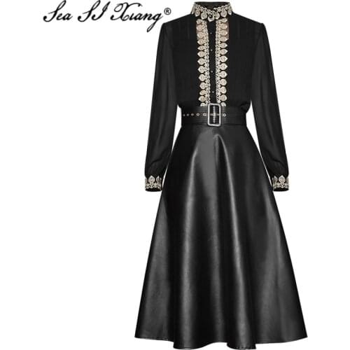 Seasixiang Fashion Designer Spring Set Women Long Sleeve Stand collar Embroidery Blouses Tops+Pu Skirt Indie Folk Two-piece set