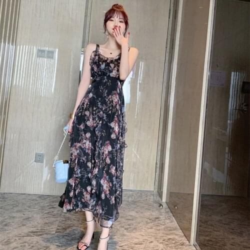 Summer Spaghetti Strap Vintage Dress Women Elegant Sexy Party Evening Dresses Ladies Print Chiffon Dress Holiday Classy Vestidos