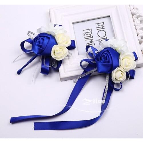 Zilue 2pieces/lot bride Royalblue wrist flowers bouquets bridesmaids sister hand flowers for wedding or party corsages