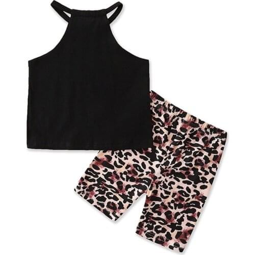 2 Pcs Infant Summer Outfits, Baby Girls Sleeveless Solid Color Halter Tank Tops + Leopard Print Shorts 1-6T