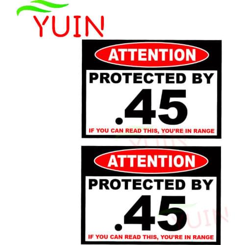 2 X 10*7cm Protected By 45 Warning Gun Car Sticker Personalized PVC Body Decoration Cars Accessories Waterproof Sunscreen Decal