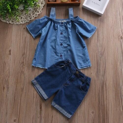 Kids Baby Girls Single Breasted Off Shoulder Tops Shirts Pockets Shorts Casual Toddler Girl Blue Suit