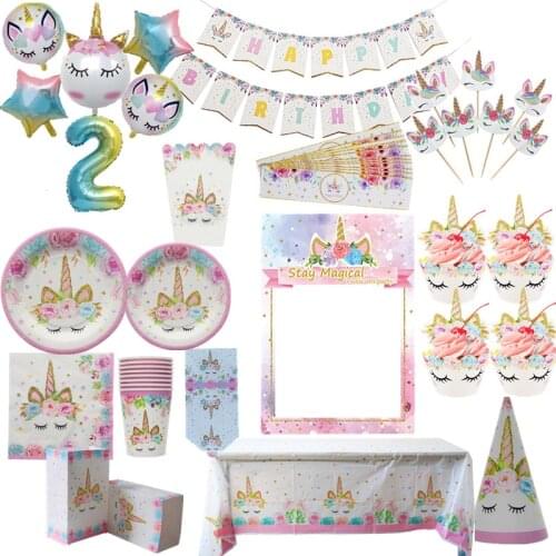 Unicorn Party Tableware Set Disposable Paper Cups Plates Napkins Straws Baby Shower Birthday Unicorn Party Decorations Supplies