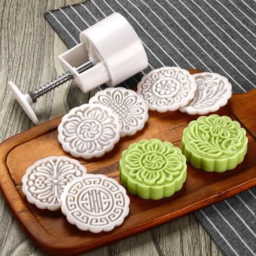 25g Mooncake Barrel Mold with 6pcs Flower Stamps Hand Press Moon Cake Pastry Mould DIY Bakeware