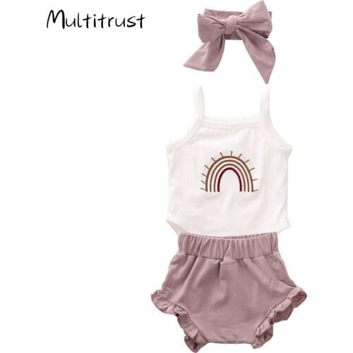 2020 Baby Summer Clothing Newborn Baby Girls Clothes Rainbow Romper Top Jumpsuit Shorts Pants Headband 3pcs Outfits Set