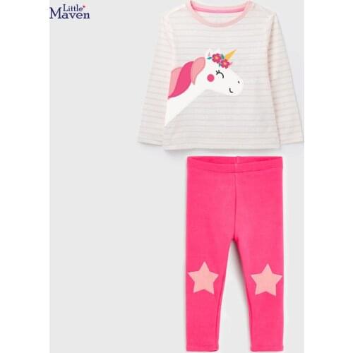Childrens Sets Autumn Cotton Baby Girl Clothes Toddler Set Brand Long Sleeve Striped Unicorn Shirt + Solid Star Pants 2Y0056