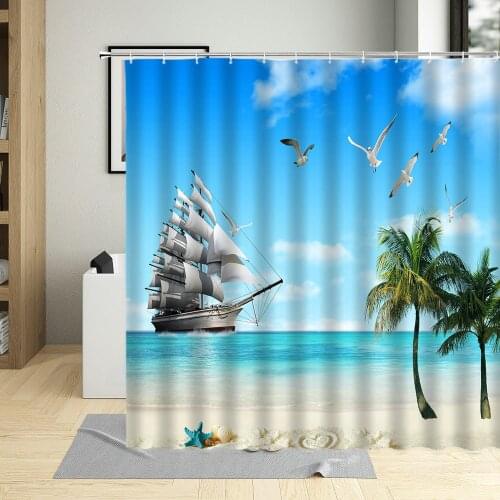 Summer Sandy beach Shower Curtain Sea Scenery Blue Sky Beach Palm Tree Ocean Wall Cloth Bathroom Decor Bath Curtains With Hooks