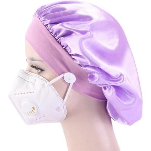 Satin Hair Caps with Button Waterproof Bonnet Wide Elastic Band Sleep Cap Wear Ear Protection Headwear Hat Women Hair Jewelry