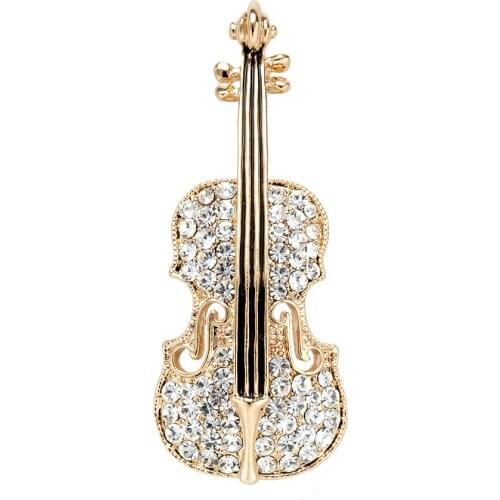 Sunspicems Trendy Women Violin Brooch Pins Gold Color Crystal Kids Jewelry Gift