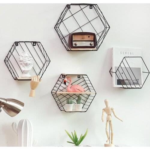 Nordic Style Iron Hexagonal Grid Wall Shelf Combination Wall Hanging Geometric Figure for Wall Decoration Living Room Bedroom