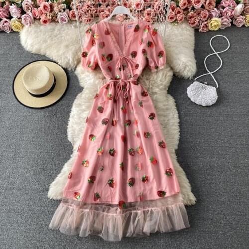 Strawberry dress Sequined Embroidery Cascading Ruffle Maxi Dress Women summer V-neck Puff Sleeve Bow Pink Tulle Mesh Long Dress