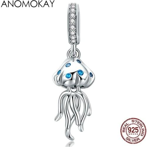 Anomokay Underwater World Jellyfish Bead Pendant fit Bracelet Necklace Real 925 Sterling Silver Sea Animal Charm for DIY Jewelry