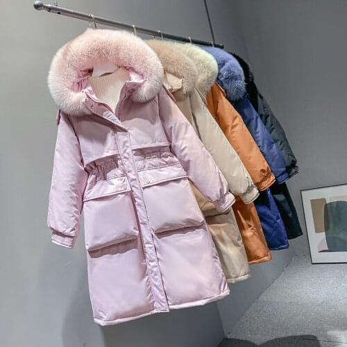 2021 New Winter Women White Duck Down Coat Female Real Natural Fox Fur Collar Solid Puffer Jacket Oversize Hooded Thicken Parkas