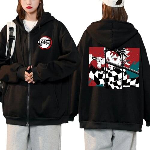 Anime Demon Slayer Pullover Sweatshirt Women Men Tanjiro Kamado Zipper Hoodies Harajuku Demon Slayer Kimetsu No Yaiba Sudadera