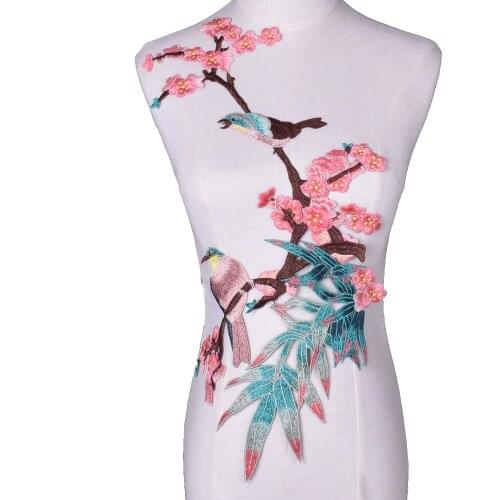 Pink Flower Bird Patch Accessories Applique DIY Decal Embroidery Flower Bird Wedding Dress Patch Lace Fabric