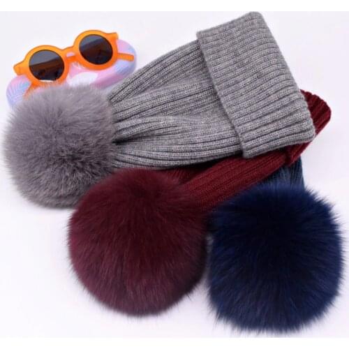 2020 Natural Fox Fur Pompon Hat Thick Winter for Women Cap Beanie Hats Knitted Cashmere Wool Caps Female Skullies Beanies