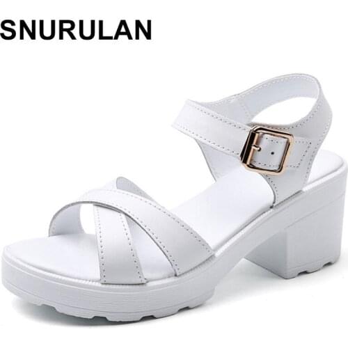 SNURULANHeel High 6.5cm Women Pumps Split Leather Summer Sandals Shoes Woman Buckle Breathable Ladies Girls Sandals Female Beach
