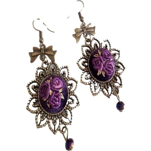 Jewelry Accessories Design Purple Set Antique Silver Plated Earrings Necklace Handmade Embroidery Rococo Elegant Elegant Fashion Gift Valentines day