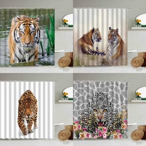 Tiger Leopard Printed Shower Curtain Set Wild Animal Theme Bathroom Decoration Waterproof Polyester Bathtub Curtains Washable