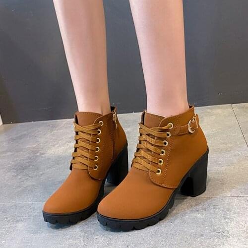 Womens Autumn Winter Martin Boots Metal Belt Buckle Thick Heel High Heel Short Ankle Boots Women Zipple Warm Shoes