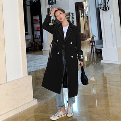 Trench Coat Spring Autumn Korean Womens 2020 Loose Outwear Lapel Solid Color Double Breasted Chic Mid-length Windbreaker Coats