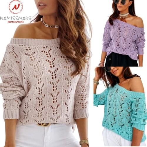 Sexy Women Spring Autumn Thin Sweaters Hollow Out Design See Through O-Neck Long Sleeve Solid Color Casual Pullovers Knitted Top