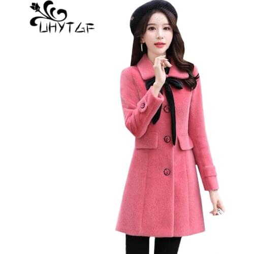 UHYTGF Women wool coat mid-length casual autumn winter coat single-breasted slim quality woolen jacket 3XL plus size Genuine 706