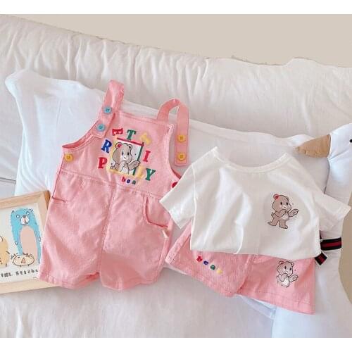 2021 Summer Baby Boy Girl Bear Print Clothes Set Newborn White Short Sleeve T-shirt + Pink Shorts + Sling Pants Clothing Suit