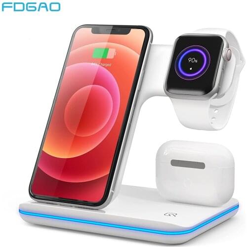 Qi Wireless Charger Stand 3 in 1 Fast 15W Charging Station Dock for Apple Watch 6 AirPods Pro iPhone 12 11 XS XR X 8 Samsung S21