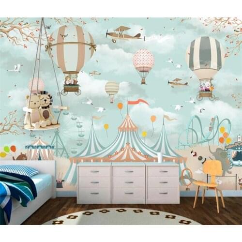 Large 3d Wallpaper Cartoon Hot Air Balloon Airplane Animal Pup Circus Playground Background Wall 3d wallpaper mural
