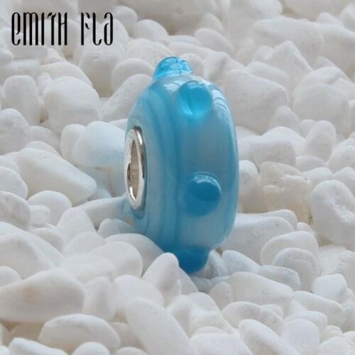 Emith Fla 925 Sterling Silver Large Hole Sky Blue Murano Glass European Charm Beads Fit Brand Troll Bracelet Beads Jewelry Gift