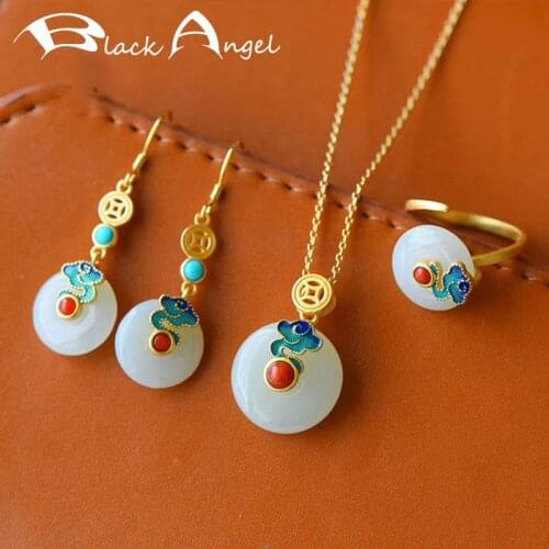 BLACK ANGEL 2020 New Khotan Jade Auspicious Clouds Vintage Jewelry Set Earrings Necklace Ring Bracelet for Women Christmas Gift