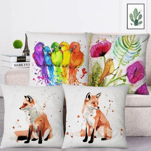 Bird Flower Colorful Painting Cushion Cover Fox Animal Pillowcase Decor 45X45cm Sofa Chair Decoration
