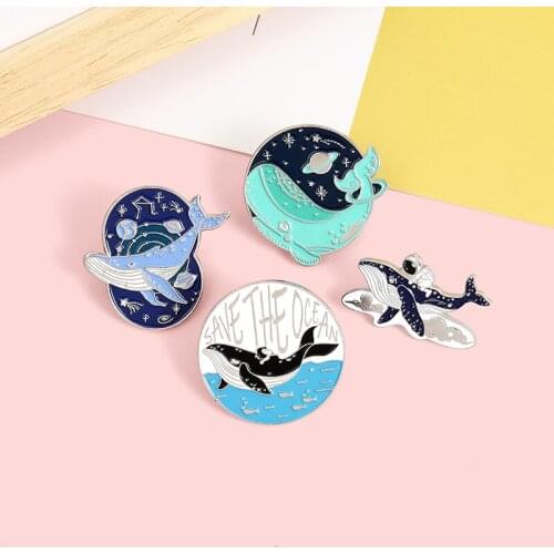 SAVE THE OCEAN Universe Space flying saucer Enamel Brooch Astronaut whale Lapel Pin Constellation Ocean Pins Badge animal gift