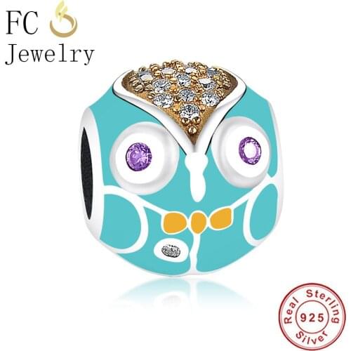 FC Jewelry Fit Original Brand Charm Bracelet 925 Sterling Silver Animal Color Enamel Crystal Owl Pendant Beads Making Berloque