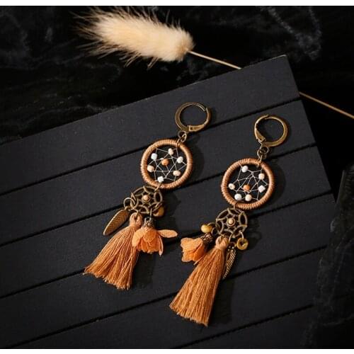 Dream Catcher Long Tassel Earrings For Women Bohemian Brown Flower Leaf Dangle Earring Ethnic Boho Jewelry Orecchini Pendientes