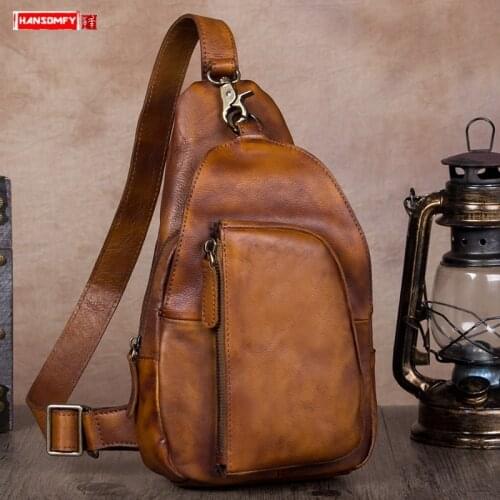 Mens Handmade Leather Bag Male Bag Shoulder Messenger Bag Retro Chest Bag First Layer Cowhide 2021 New Soft Leather Slit Pocket
