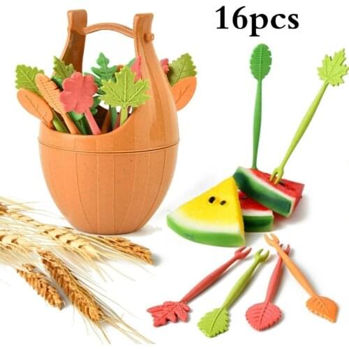 16pcs Fruit Fork Set Green Biodegradable Wheat Straw Leaves Fruit Fork Set Party Cake Salad Vegetable Forks Picks Table Decor