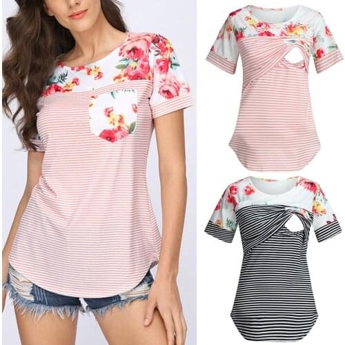 New Summer Casual Nursing Shirt Women Maternity Short Sleeve Floral Stripe Nursing Tshirt For Breastfeeding Ropa Para Embarazada