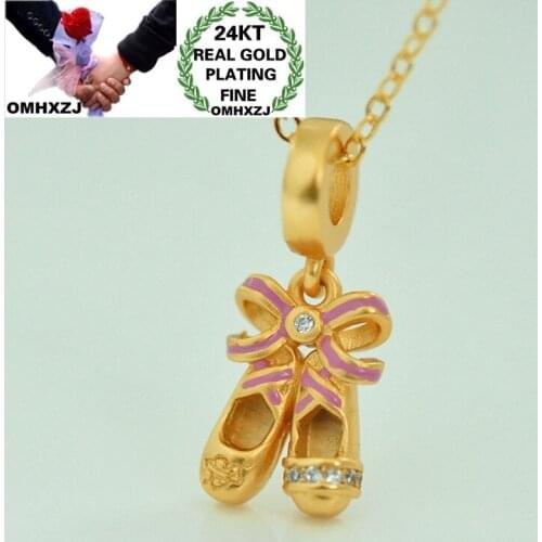 OMHXZJ Wholesale CA403 European Fashion Woman Girl Party Birthday Wedding Gift Ballet Shoe AAA Zircon 24KT Gold Pendant Charm