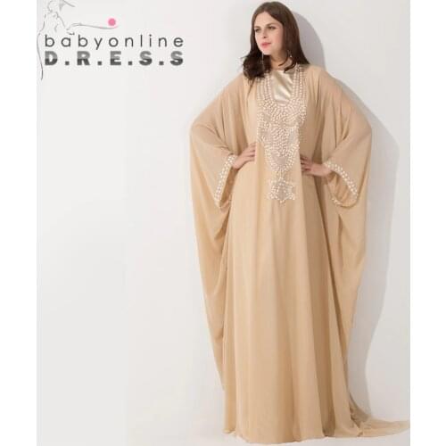 Middle East Long Sleeve Muslim Arabic Champagne Evening Dress Beaded Kaftan Dubai Evening Gown Robe de Soiree Abendkleider