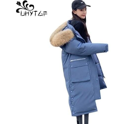 UHYTGF High quality down jacket winter coat female Fur collar Hooded Cold protection warm parkas mujer Casual plus size tops 299