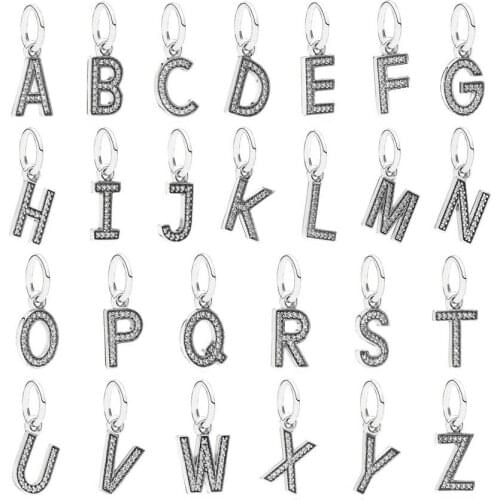 QANDOCCI Letter A-Z Dangle Alphabet Letter With Crystal Pendant Charm Fit Pandora Bracelet 925 Sterling Silver Bead Jewelry