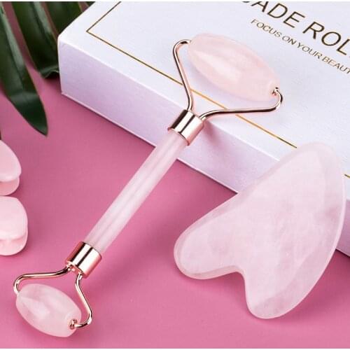 Rose Quartz Face Massage Jade Roller Gua sha Scraper Set Natural Stone Gouache Scraper Face Roller Guasha Massager Beauty Tools