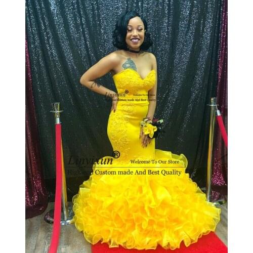 Sexy Fashion Yellow Mermaid Prom Dress Black Girl Sweetheart Appliques Ruffles Formal Evening Gowns 2020 Long Vestido Formatura